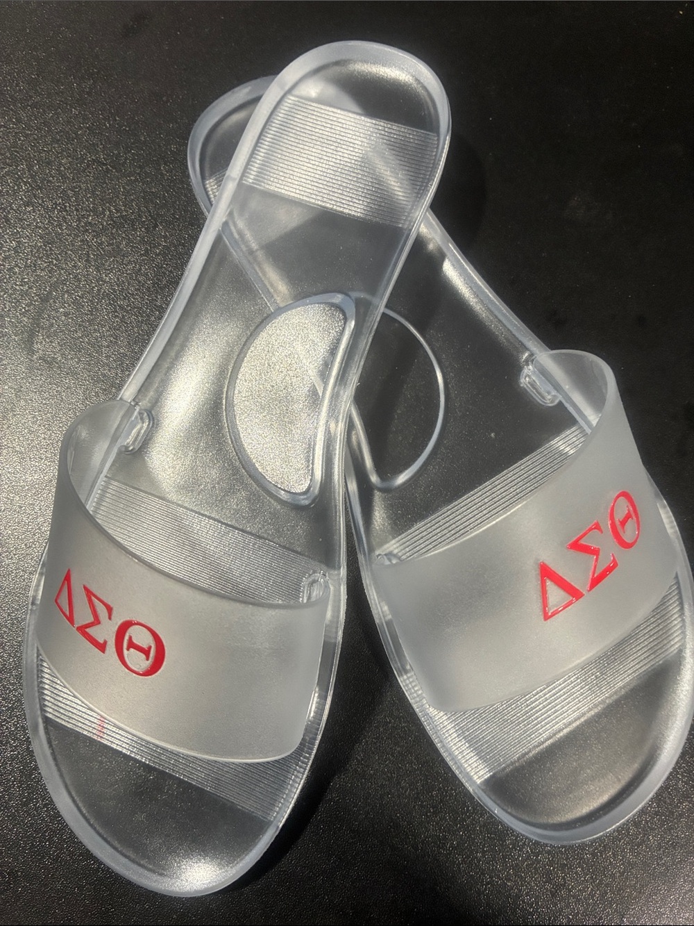 Clear Slide Sandals with Red Delta Sigma Theta Letters